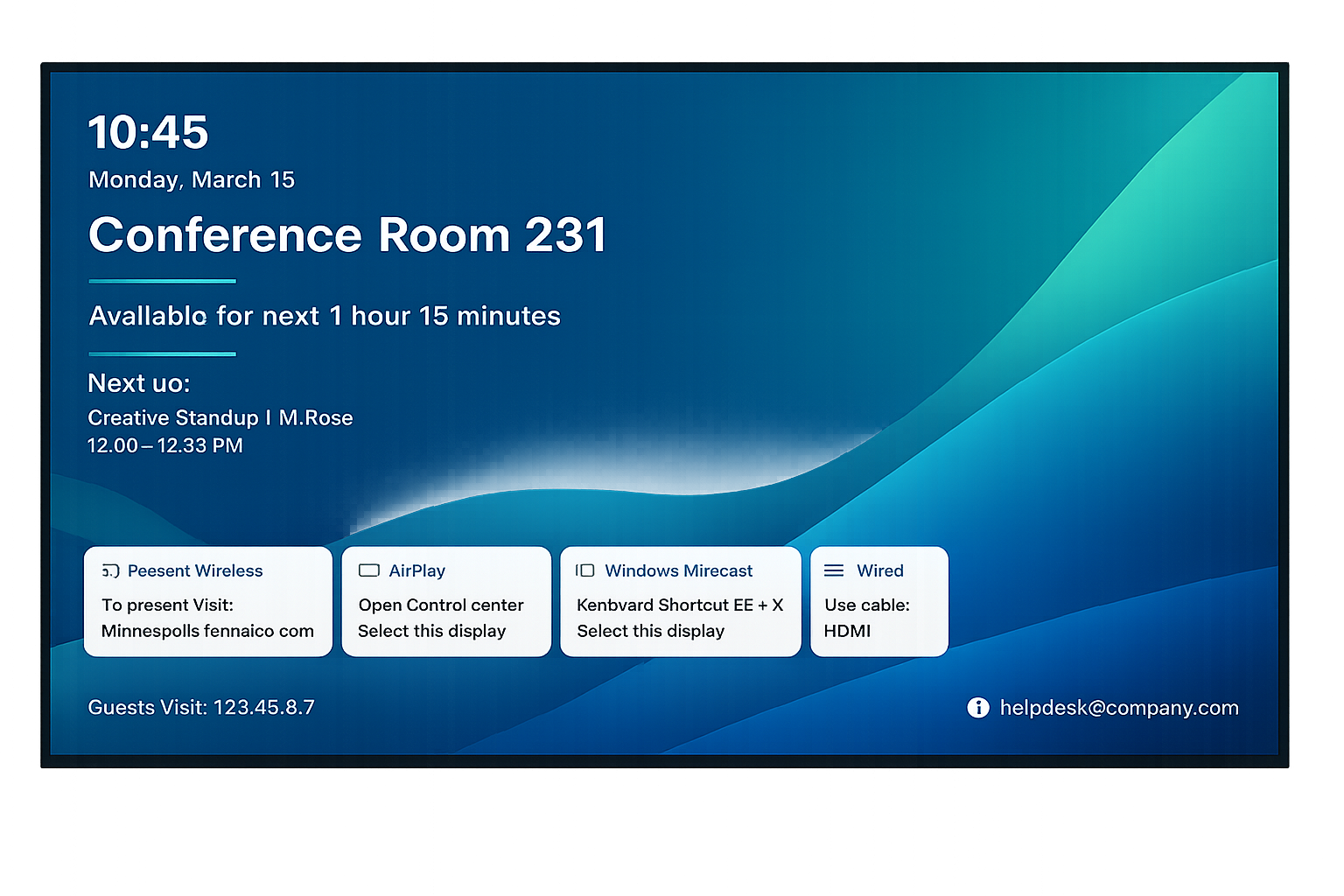 Wireless meeting room scheduler display showing room availability and connection options