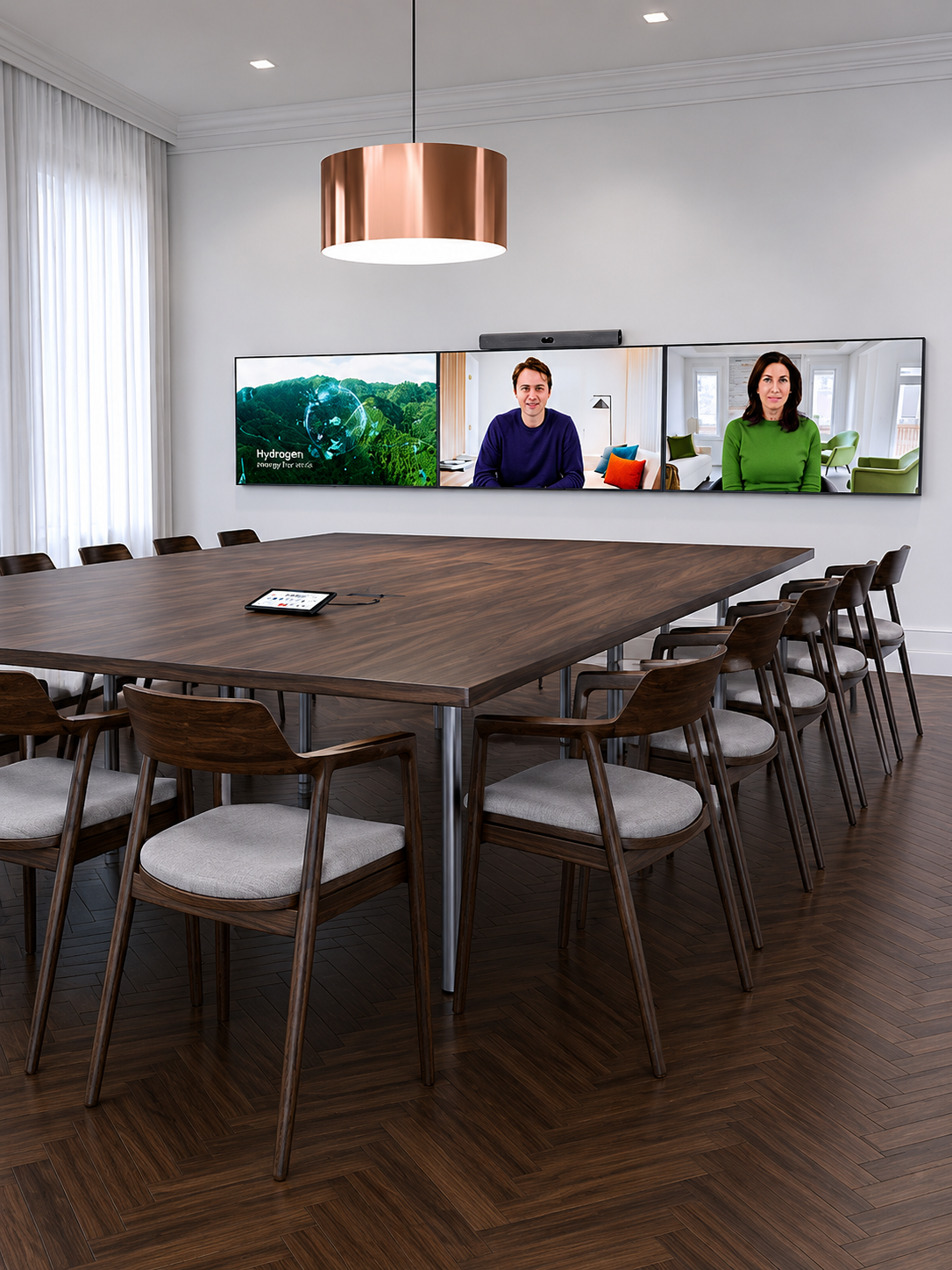 Modern conference room equipped with Google Meet Rooms video conferencing system