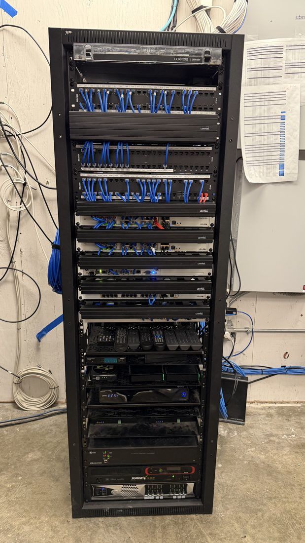 After: organized network rack with labeled patch panels and horizontal cable managers